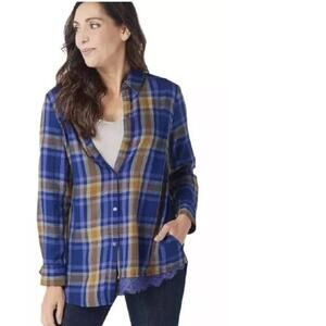 Logo Lori Goldstein top shirt 2x plaid check lace plus size blouse oversized